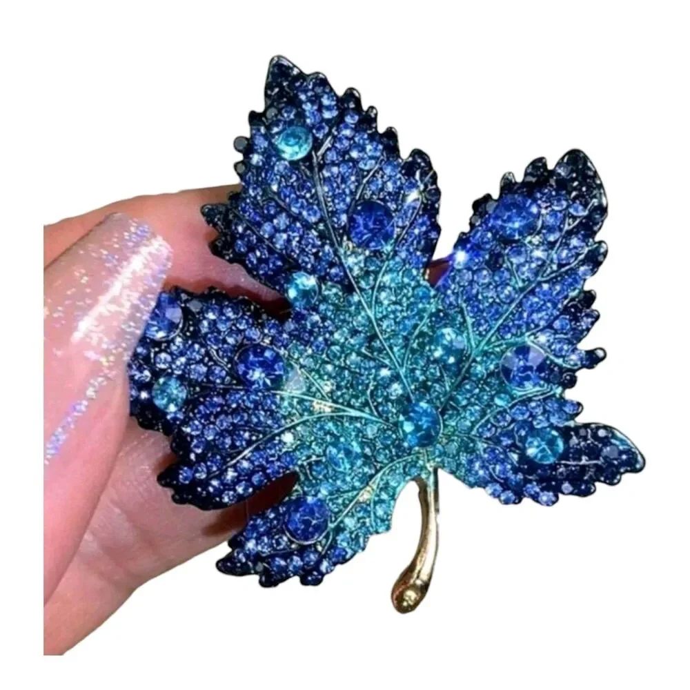 Maple Leaf Brooch Blue Shades Rhinestones Fashion Pin Jewelry Autumn Statement